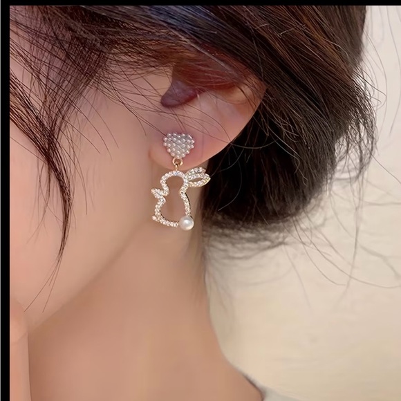 Gold Bunny Outline Drop Earrings with Pearl Accent - Women Jewelry - Picture 2 of 3